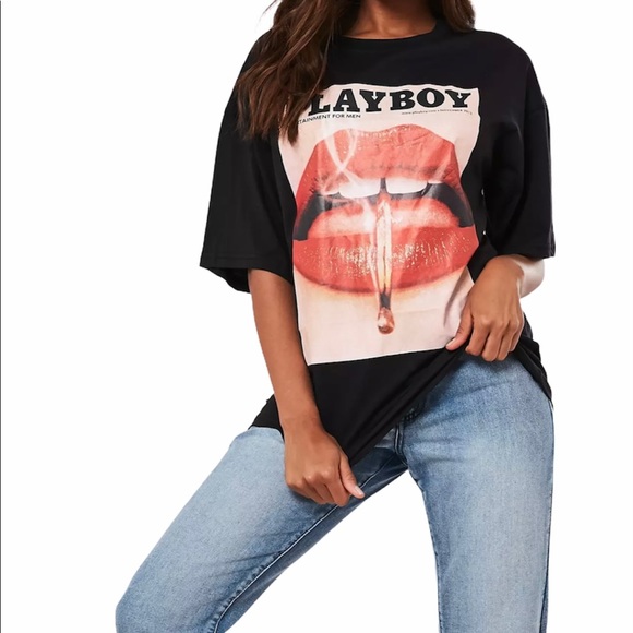 Playboy Black Lips Print T-Shirt - Picture 2 of 6